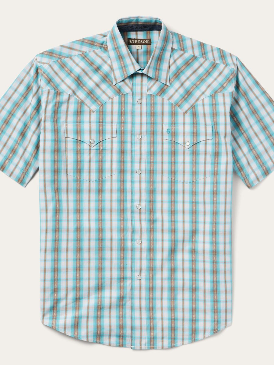 Turquoise Plaid Short-Sleeve Western Shirt