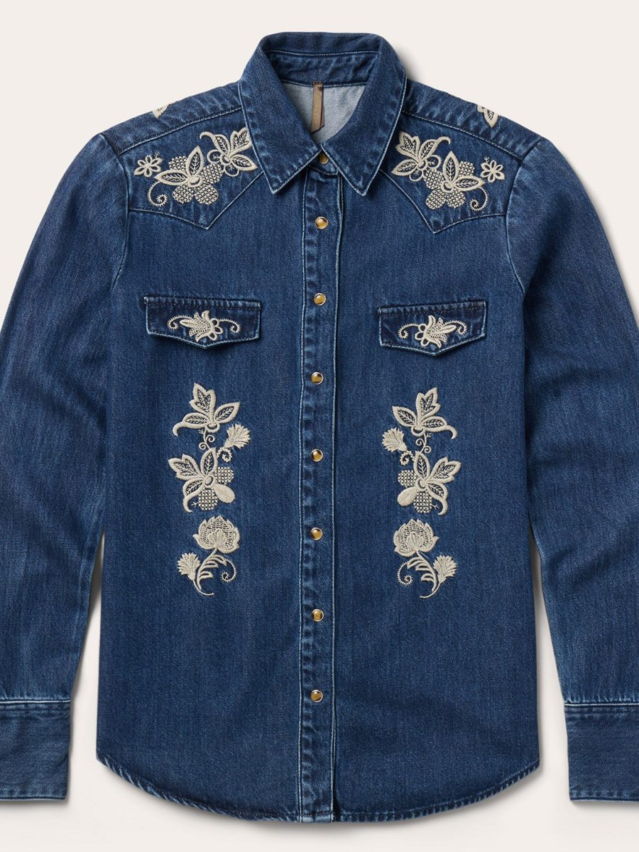 Floral Embroidered Dark Denim Shirt