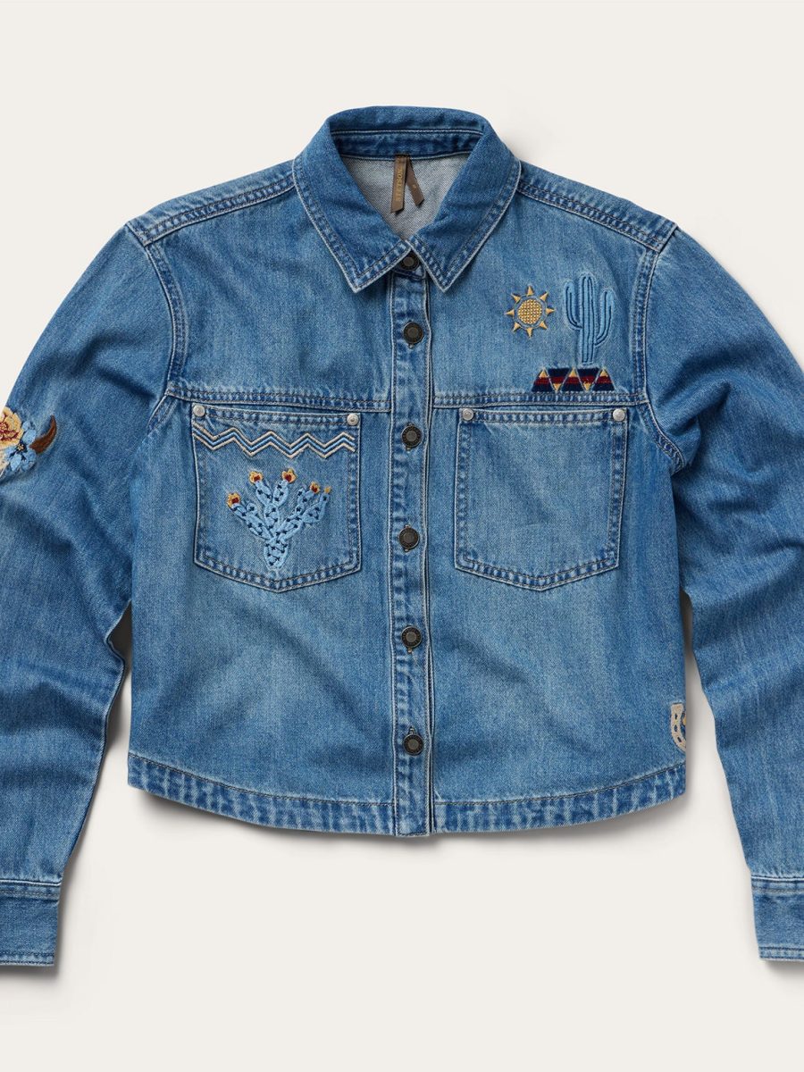 Embroidered Denim Button-Up Cropped Shirt