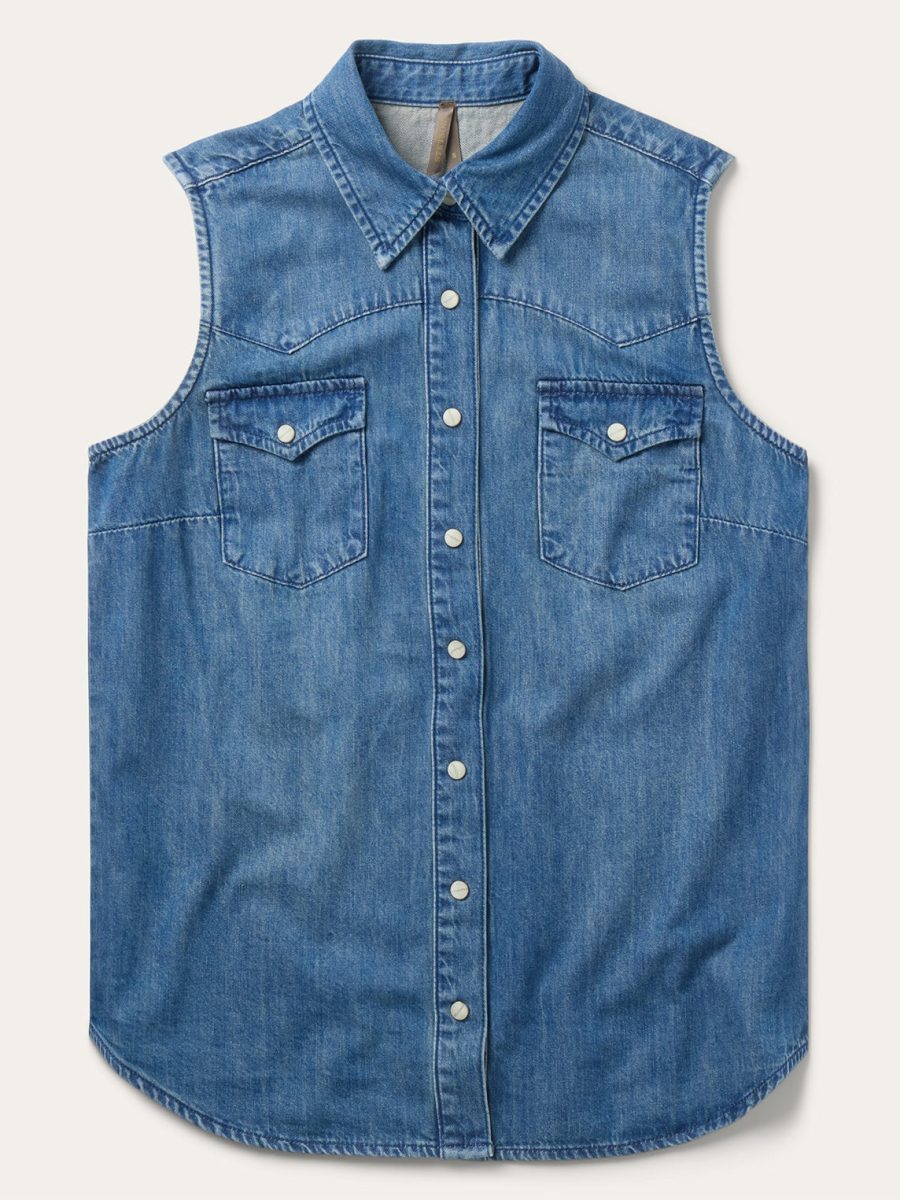 Embroidered Sleeveless Denim Shirt