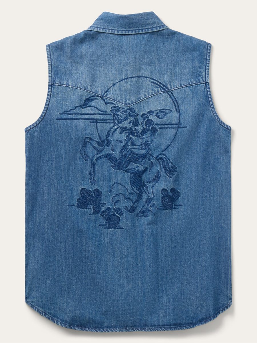 Embroidered Sleeveless Denim Shirt