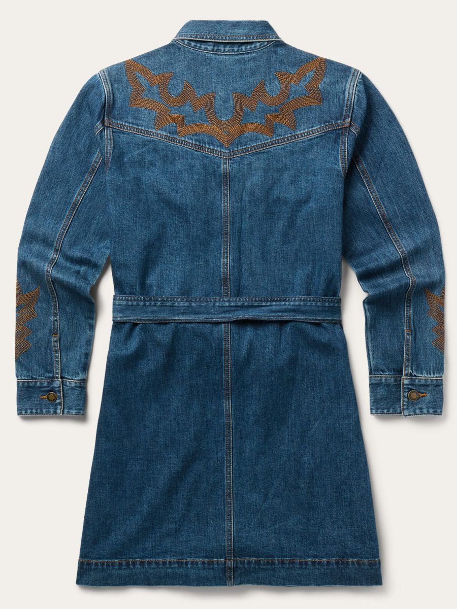 Embroidered Stretch Denim Shirt Dress