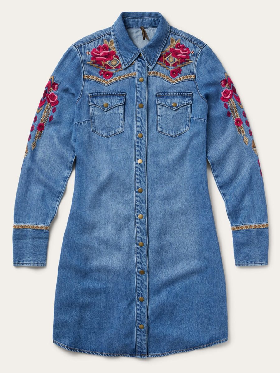 Embroidered Denim Shirt Dress