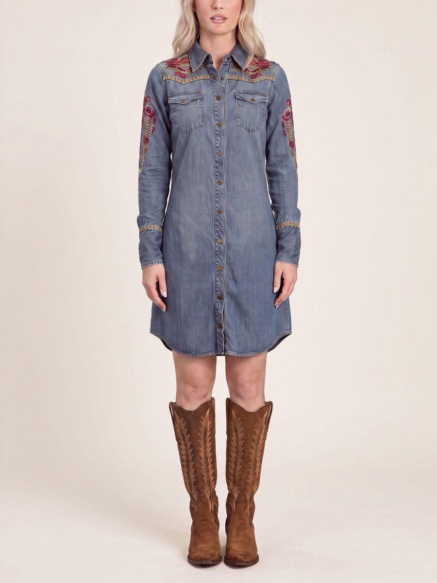 Embroidered Denim Shirt Dress