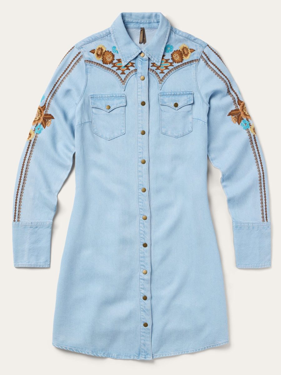 Embroidered Denim Shirt Dress