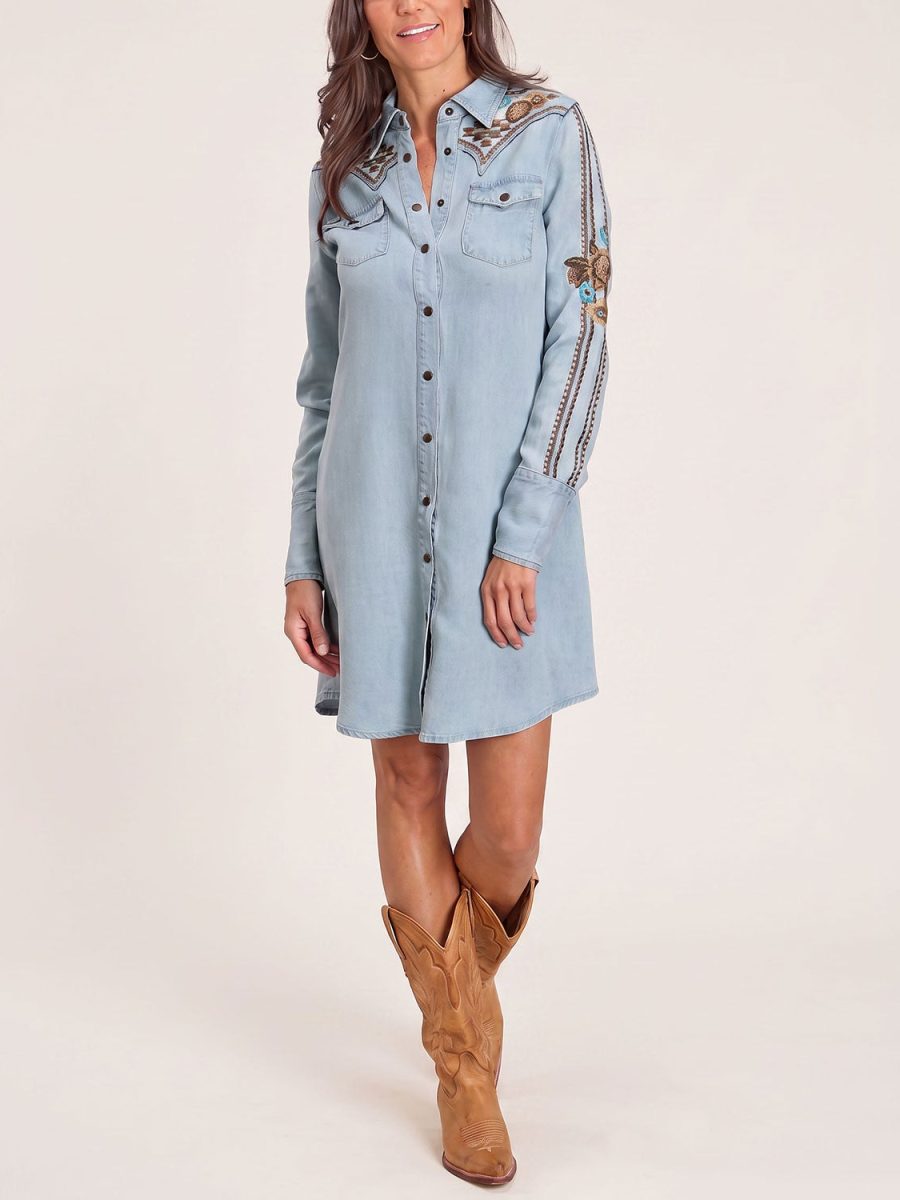 Embroidered Denim Shirt Dress