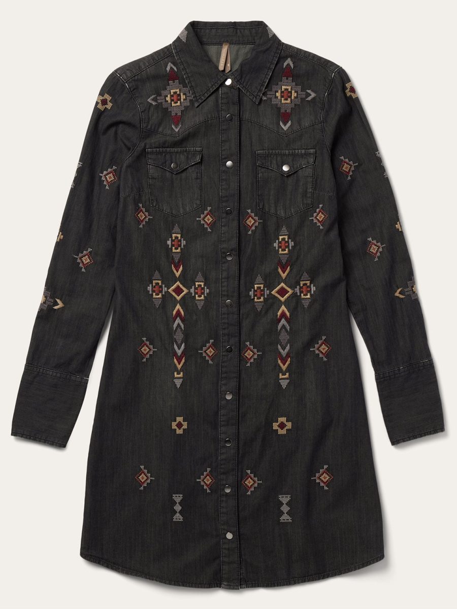 Embroidered Black Denim Shirt Dress