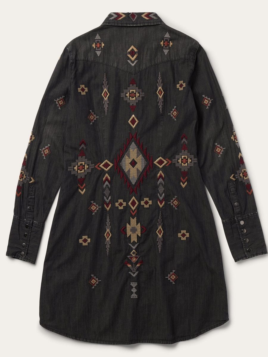 Embroidered Black Denim Shirt Dress