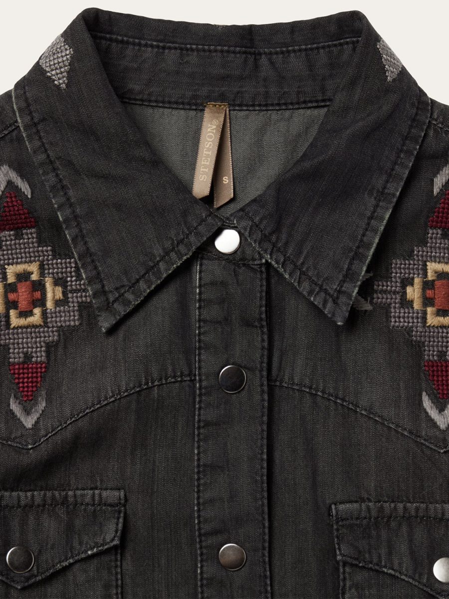 Embroidered Black Denim Shirt Dress