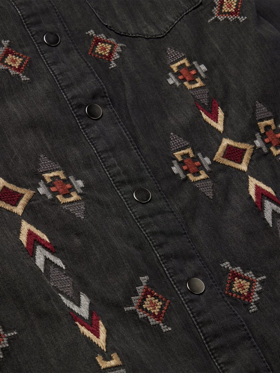 Embroidered Black Denim Shirt Dress
