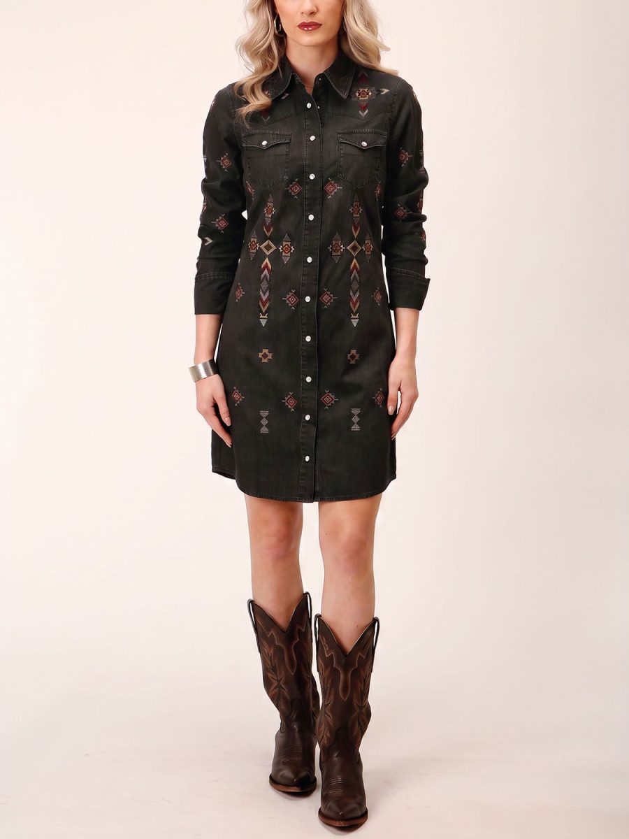 Embroidered Black Denim Shirt Dress