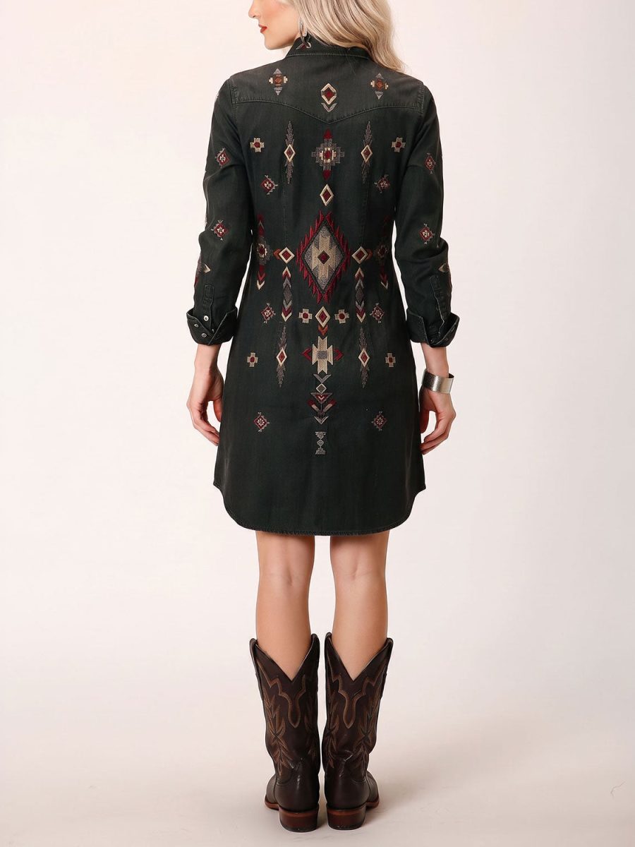 Embroidered Black Denim Shirt Dress