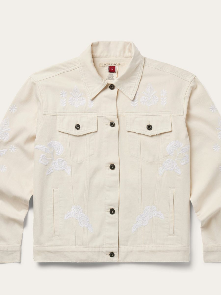 Embroidered Cream Denim Jacket