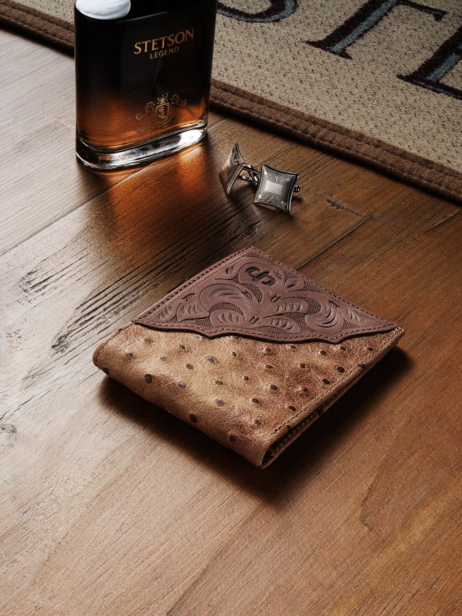 Tooled Embossed Ostrich Bi-Fold Wallet