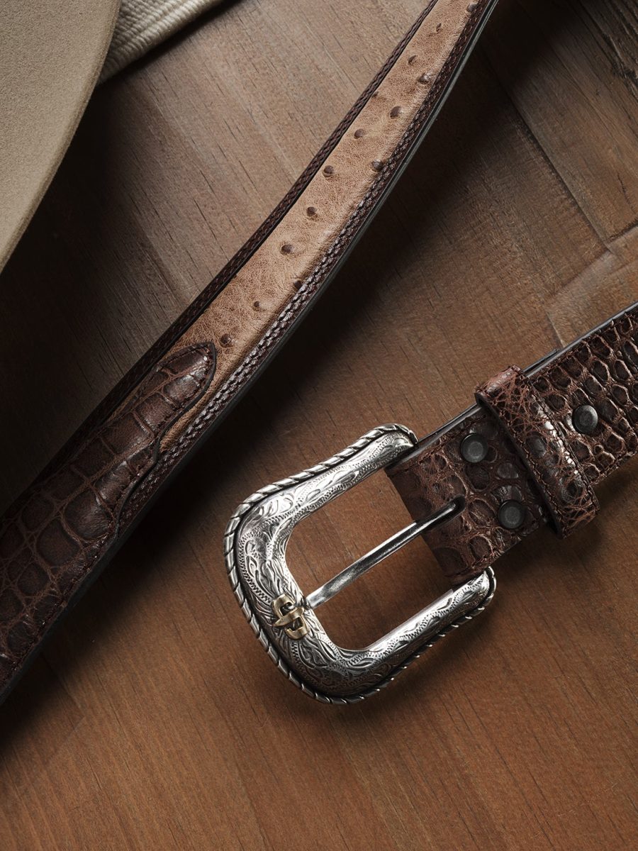 Ostrich Print Croco Embossed Western Tabs Belt