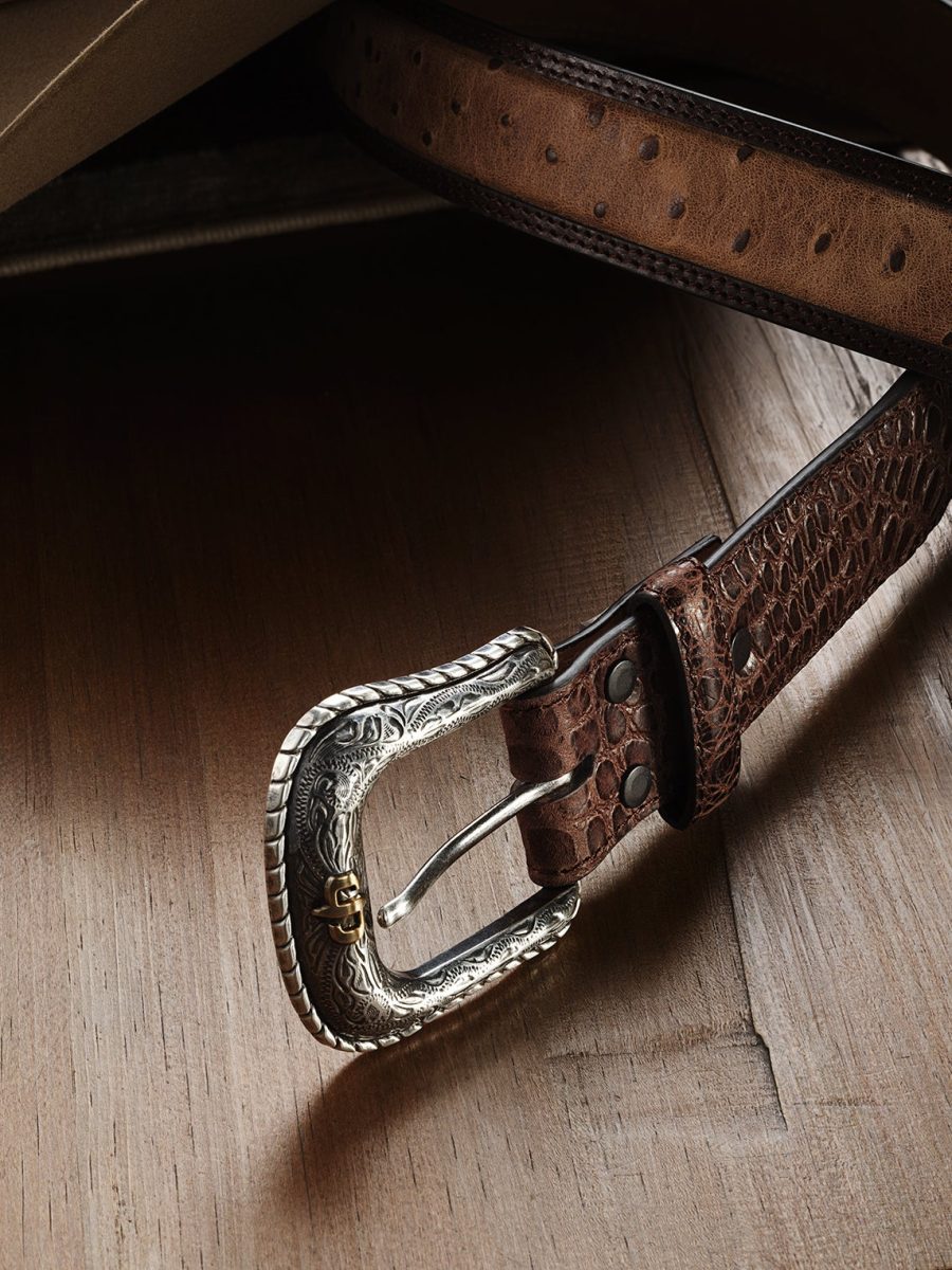 Ostrich Print Croco Embossed Western Tabs Belt