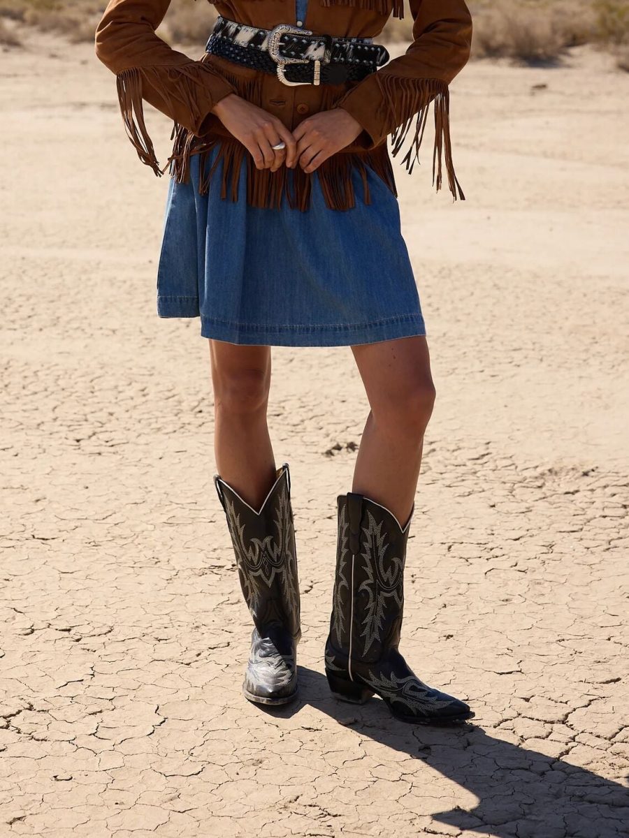 Tina Black & White Flame Embroidered Cowboy Boot